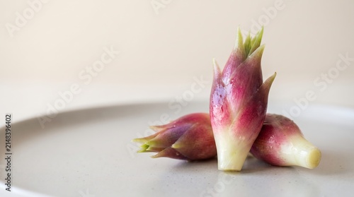 Fresh Japanese myoga ginger buds on plate, closeup detail.
