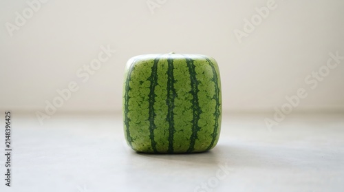 A square watermelon sits on a light colored surface in front of a soft, light background.