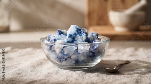 A small glass bowl filled with blue and white rock candy sits on a textured linen cloth.
