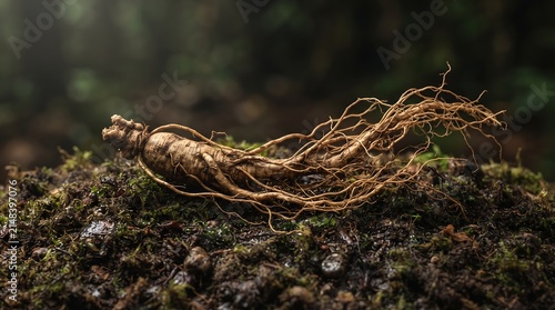 Ginseng root on mossy ground symbolizing health, wellness, herbal medicine, traditional remedy and natural healing.