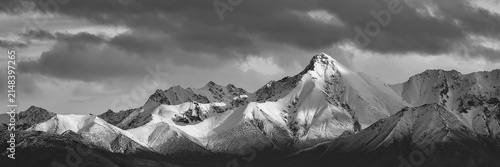 Photography Black and white panorama of Alaskan mountains covered in snow in the distance