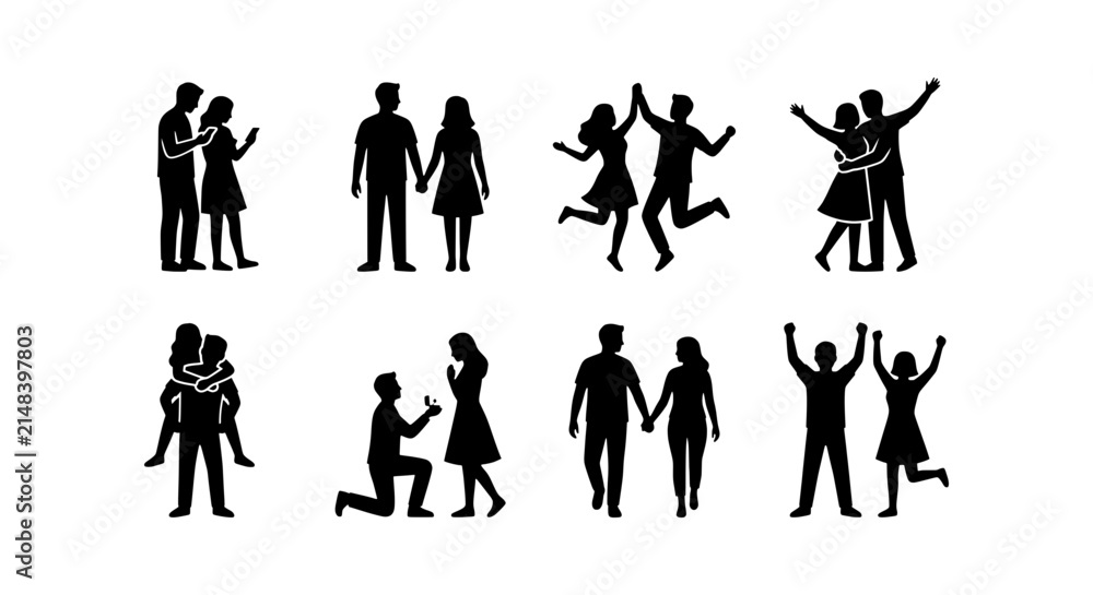 Obraz premium Couple Silhouettes, Romantic Pair Poses, Love Relationship Icons, Vector Set