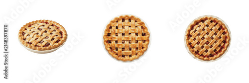 Set of three baked lattice pie isolated on white background cut out PNG elements for bakery menu thanksgiving holiday dessert food design sweet cherry apple pie pastry graphic clipart asset golden bro