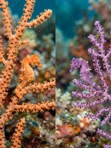 Pygmy Seahorses Camouflaged on Gorgonian Corals Underwater
