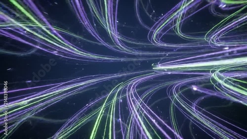 Abstract Purple and Green Light Trails Flying Through Digital Tunnel, High Speed Data Transmission in Cyber Space on Solid Black Background