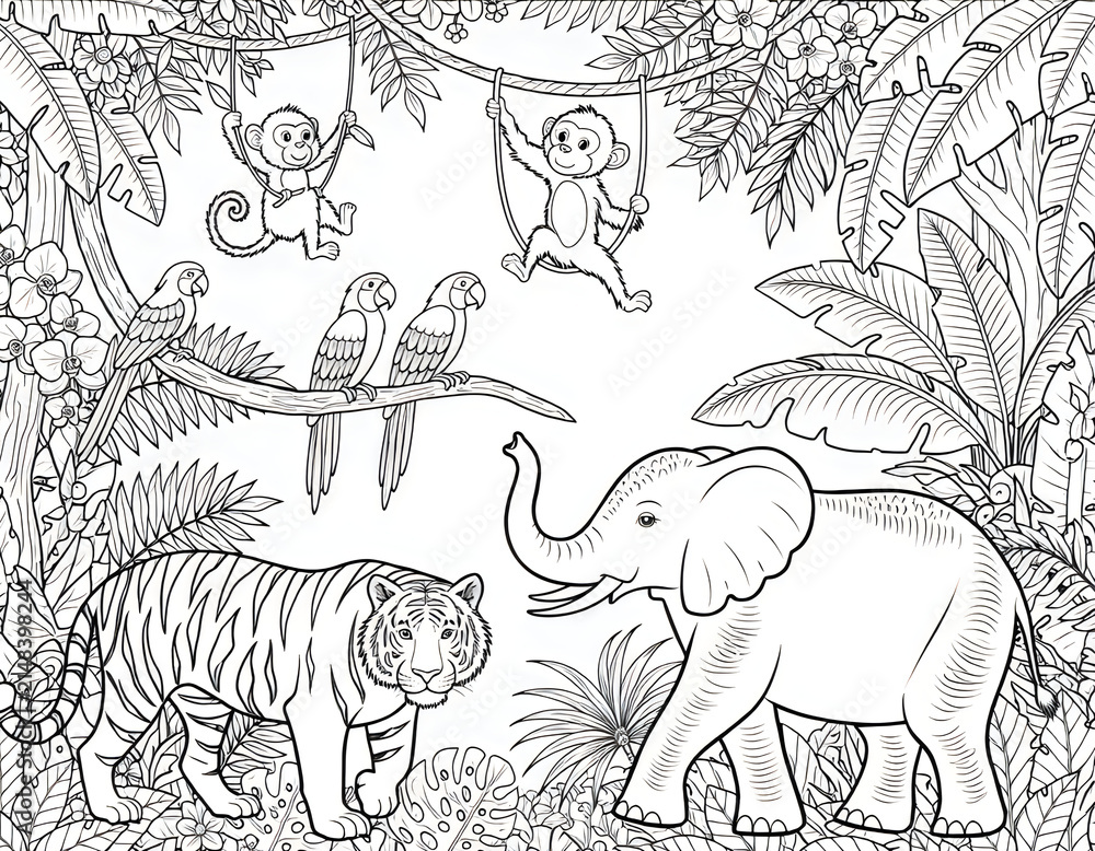 Fototapeta premium Cute wild animals in the jungle for children coloring book page illustration