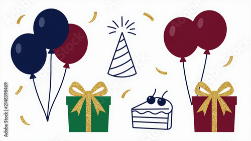 Birthday clipart elements with balloons gifts cake and party hat