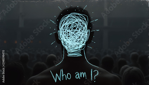 Anonymous Silhouette With Glowing Blue Scribbled Head Outline And Who Am I Text Standing In Blurred Crowd Identity Concept