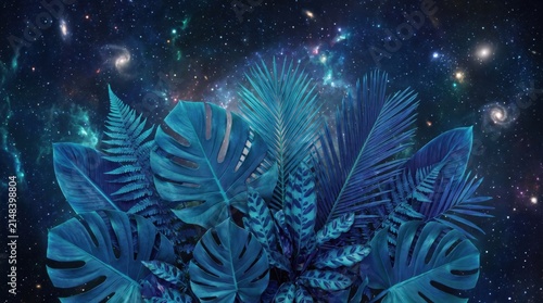 Tropical palm leaves glow in neon blue light against a dark cosmic background.