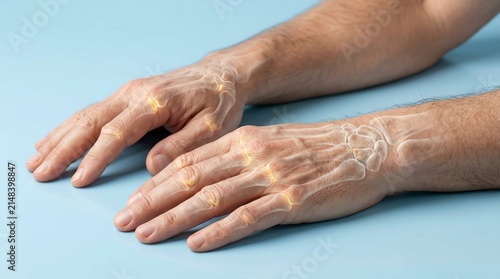 Medical illustration of human hands with skeletal overlay showing inflammation and pain in the finger and wrist joints