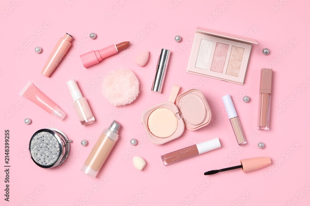 Naklejka premium Pink Beauty Cosmetics Flat Lay on Pastel Background