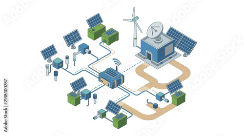 Bild auf Leinwand Smart power network incorporates multiple solar energy stations, satellite communications, and wind turbines to distribute electricity efficiently across a modular and interconnected utility grid