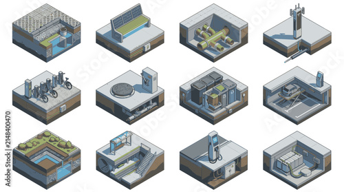 Subterranean infrastructure blocks illustrate diverse underground urban utility systems and foundational layers designed for civil engineering and city planning presentations of modern metropolitan.