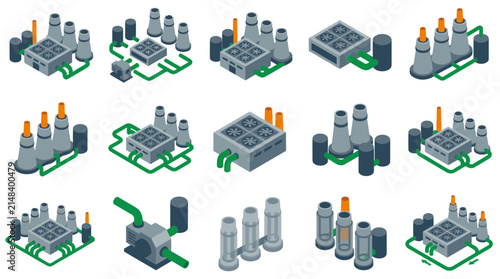 Industrial cooling systems present an organized arrangement of modular isometric components showcasing various factory cooling tower configurations for commercial design and engineering documentation.