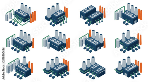 Engineering diagrams illustrate various industrial building configurations with diverse pipework and cooling tower layouts for reference.