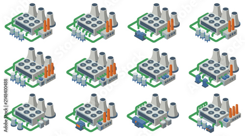 Manufacturing plants are presented in a series of isometric illustrations displaying heavy machinery and complex piping configurations.