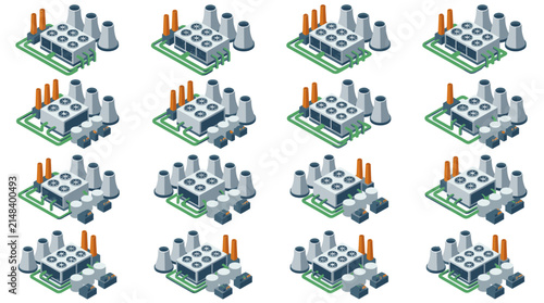 Industrial buildings are shown as a modular grid of distinct production facilities featuring tall smokestacks and cooling systems.