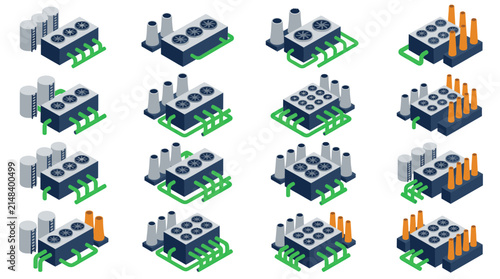Factory facilities are depicted in an isometric grid of industrial plant variations for engineering design and architectural planning projects.