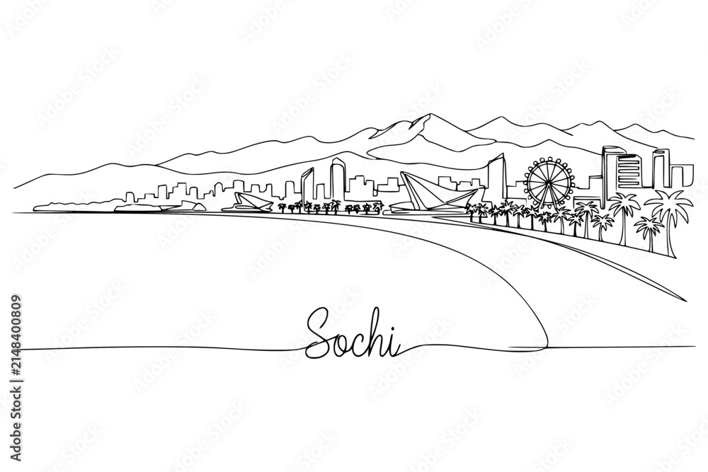 Obraz premium Sochi skyline continuous line vector illustration with beach, mountains and coastal cityscape
