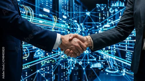 Two business people shaking hands in front of a blue digital network background representing modern technology data