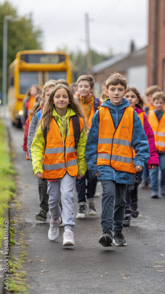 Fototapeta premium walking bus with school children in urban setting