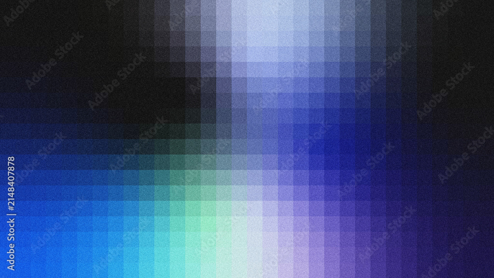 Obraz premium Abstract textured background with grainy noise effect, vertical grid layers and smooth color gradient. Features deep black, rich blue, cyan, mint‑green, pale lavender and violet tones.