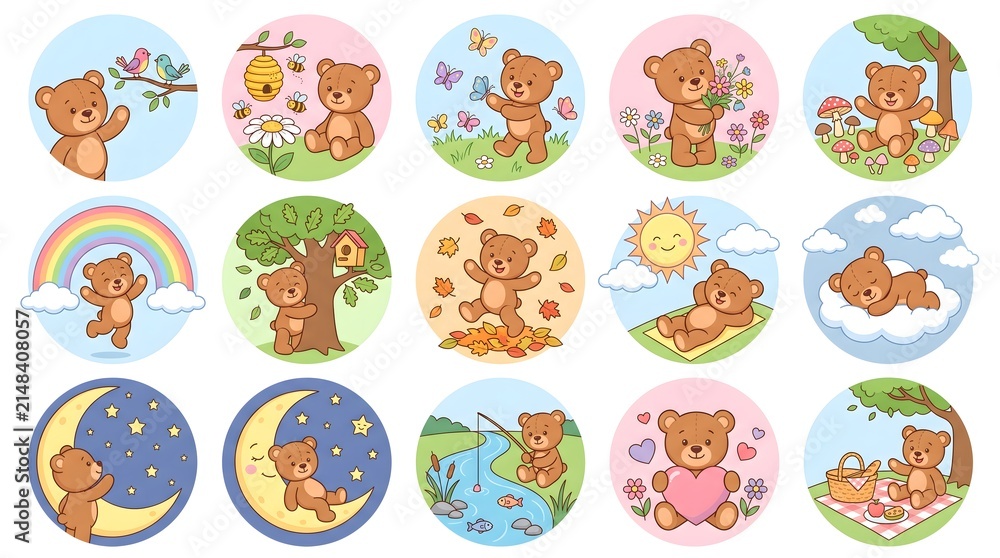 Obraz premium Cute Pastel Teddy Bear Nature Icons Collection with Forest and Garden Elements Isolated on White Background