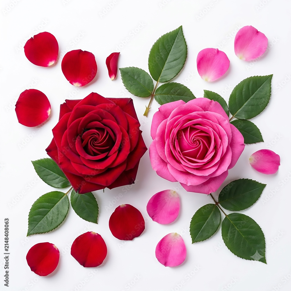 Naklejka premium Red and Pink Roses with Scattered Petals on White Background