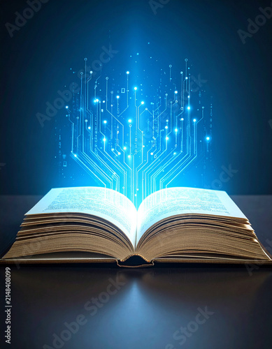 A physical textbook opening to reveal a glowing digital circuit board hidden inside the pages.