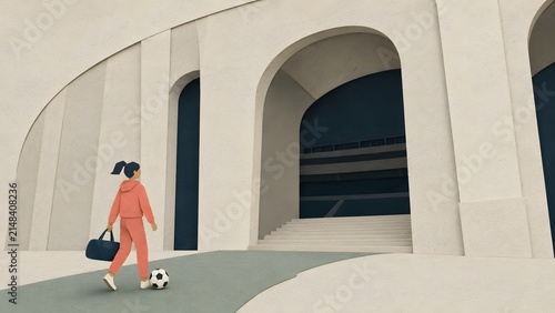 sports women's football illustration of player arriving at stadium with travel bag and ball

