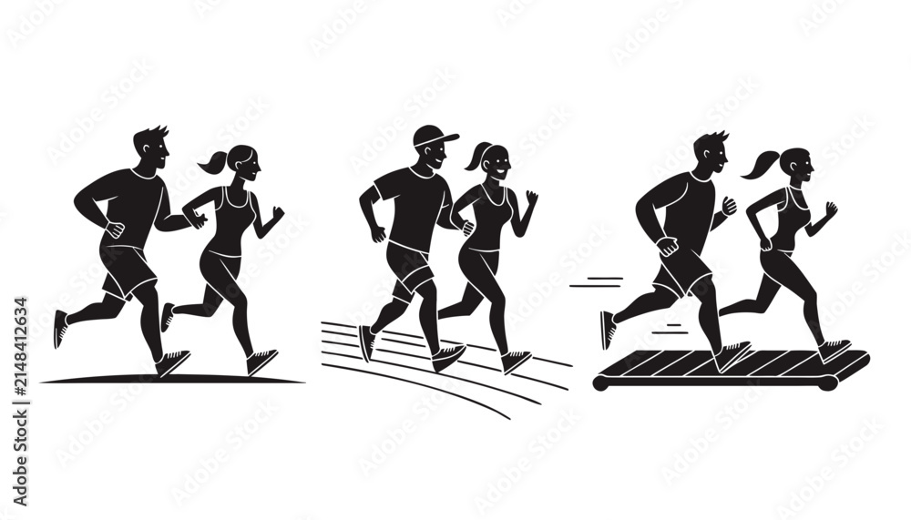 Obraz premium Vector silhouettes of a couple jogging, running on a track, and exercising on a treadmill