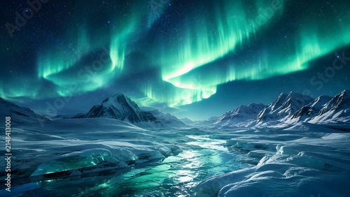 Breathtaking vibrant green northern lights dancing over a frozen arctic landscape with a reflective icy stream