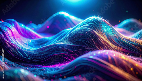 Vibrant abstract wavy lines with glowing particles in deep blue and purple