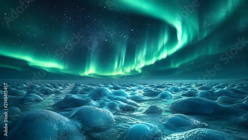 Breathtaking vibrant green aurora borealis dancing over a frozen icy landscape in the arctic night