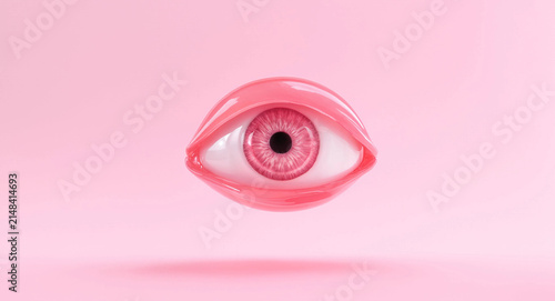3D glossy pink human eye on light background for vision, ophthalmology, and eye care concept