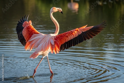 A beautiful pink flamingo standing in shallow water with its wings spread wide in the morning light