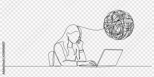 continuous single line drawing of stressed or confued woman using laptop computer, line art vector illustration, Continuous line drawing of person working on laptop with tangled thoughts depicted as 
