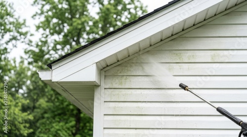 Professional pressure washing equipment cleaning white vinyl siding on residential house exterior to remove green algae mold.