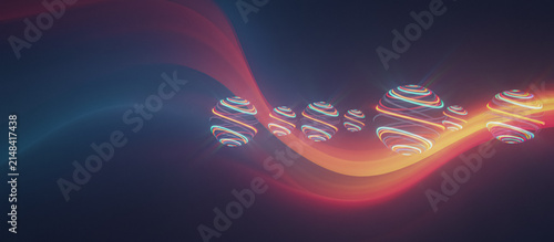 Abstract glowing spheres on a dynamic light wave background