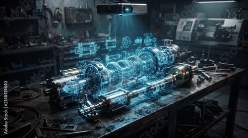 Holographic mechanical engineering design projected on l workshop