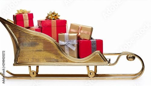 Photograph Of Golden Sleigh Filled With Present Boxes Isolated With Clipping Path On White Background