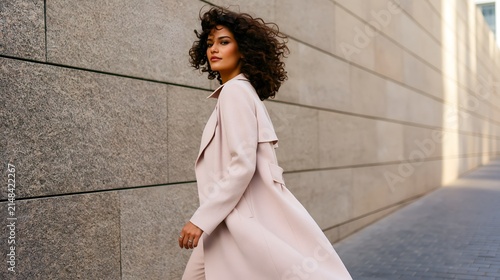 Woman walks down urban sidewalk in soft pink coat