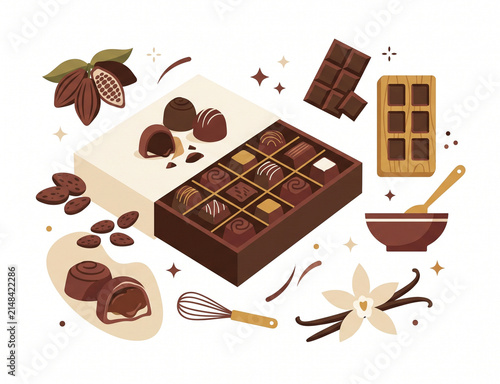 Assorted Gourmet Chocolate Box Concept Illustration with Pralines, Cocoa Beans, Chocolate Bars, and Vanilla Flower