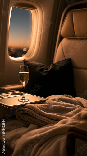 First Class Flight Experience: Luxurious first-class airplane seat ready for a comfortable journey, with a glass of champagne and a soft blanket, while sunset paints the sky outside the window.