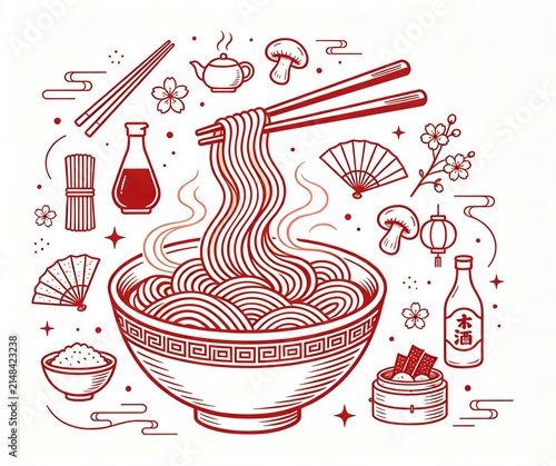 Japanese Ramen Noodle Bowl with Asian Cuisine Ingredients Line Art Vector Illustration