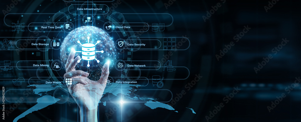 Fototapeta premium Data analysts holding hands up to process complex big data sets. This global network of information systems uncovers deep consumer insights and market trends.