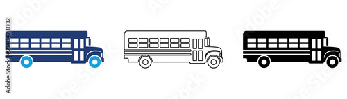 Multicolor School Bus Icon Set with Filled and Outline Styles for Student Transportation Education School Travel Campus Shuttle and Public Transit Isolated on Transparent Background