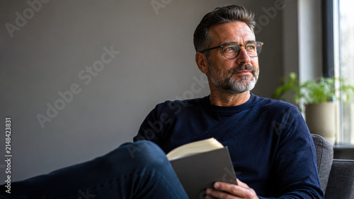 Middle-aged man with glasses sitting indoors by a window, holding a book and looking thoughtfully into the distance, wearing a dark sweater.