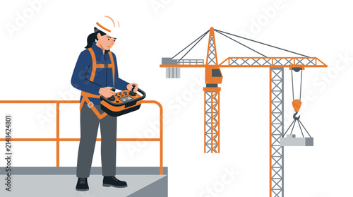 Construction worker operating crane with remote control on site, isolated
