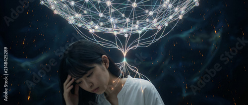 Stressed young woman with neural network representing AI and mental pressure